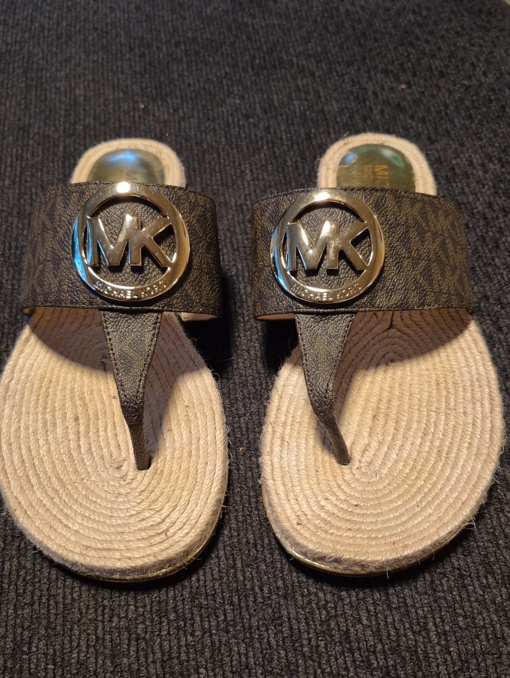 Michael Kors Brown & Tan MK Logo Thong Sandals